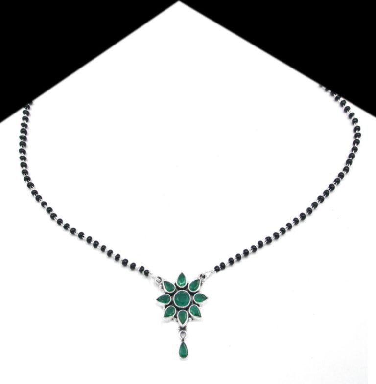 Natural gemstone Mangalsutra Necklace in 925 Sterling Silver , Green Onyx , Black Beads Silver Chain, Gift For Her , Traditional Necklace NL0151-GS