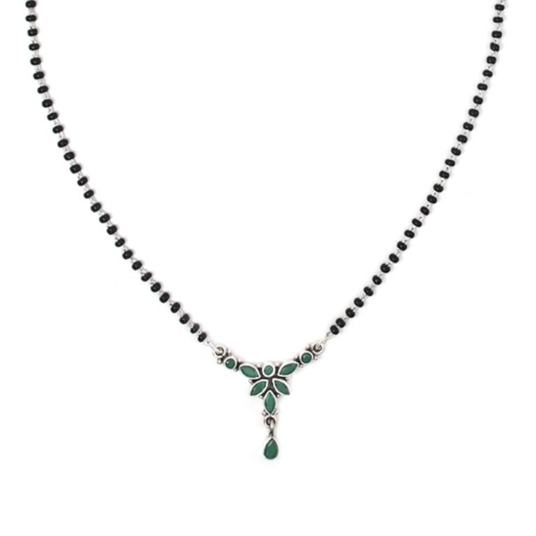 Natural gemstone Mangalsutra Necklace in 925 Sterling Silver , Green Onyx , Black Beads Silver Chain, Gift For Her , Traditional Necklace NL0244-GS