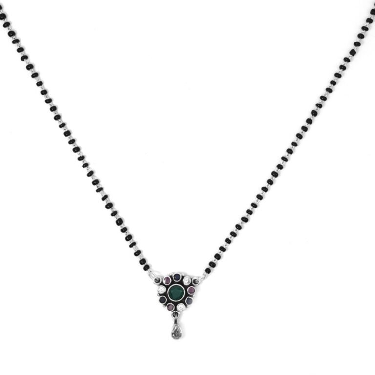 Natural gemstone Mangalsutra Necklace in 925 Sterling Silver , Ruby , Sapphire , Green Onyx And Zircon Necklace , Black Beads Silver Chain NL0243-GS