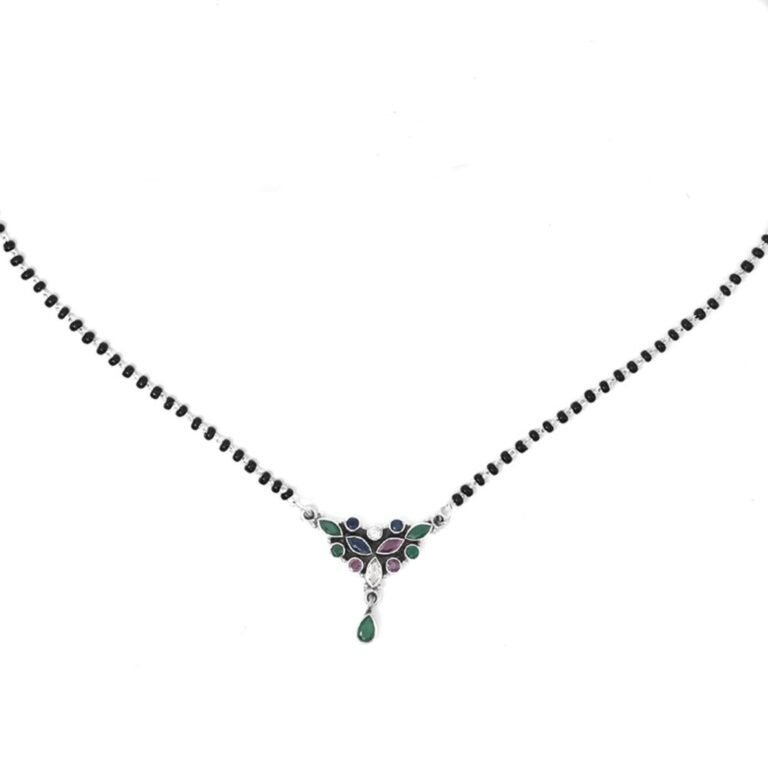 Natural gemstone Mangalsutra Necklace in 925 Sterling Silver , Ruby , Sapphire , Green Onyx And Zircon Necklace , Black Beads Silver Chain NL0229-GS