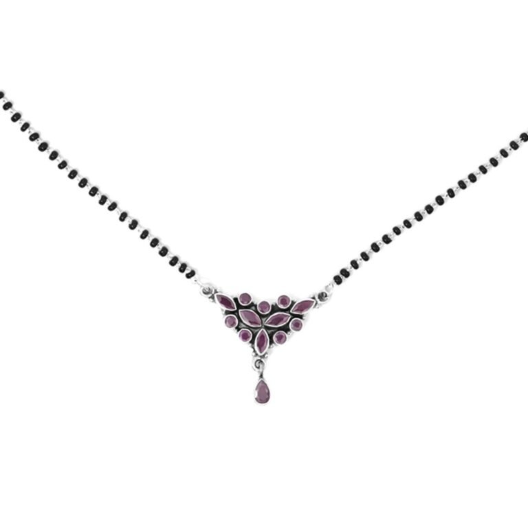 Ruby 925 sterling silver black beads chain necklace, gorgeous flower design pendant, traditional style brides mangalsutra necklace set NL0233-GS