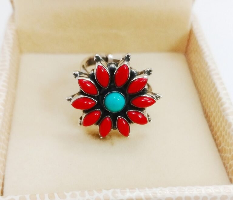 Coral and turquoise Ring 925 Sterling Silver Jewelry ring with gemstone coral, turquoise cabochon for Girls & Women gift item R0243-GS