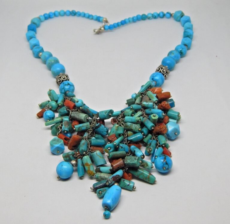 Natural Arizona Turquoise, Coral Beaded Antique Necklace Sterling Silver Beaded Necklace, Handmade Jewelry, Victorian Vintage Necklace NL0328-GS