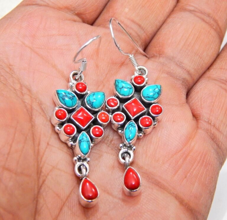 Coral Earring Turquoise Earring Sterling 925 Silver Earring Natural Gemstones Earring Gift For Her Wedding Earring Boho Earring E0377-GS