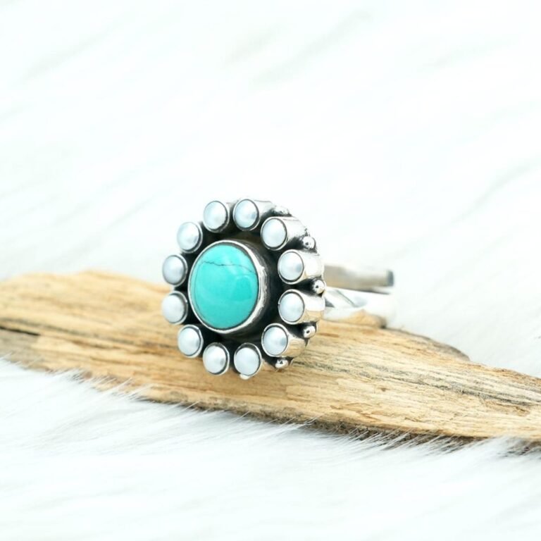 Natural Turquoise & Freshwater Pearl Ring 925 Sterling Silver Multi Color Ring Floral Jewelry Ring Adjustable Ring Gift For Her R0164-GS